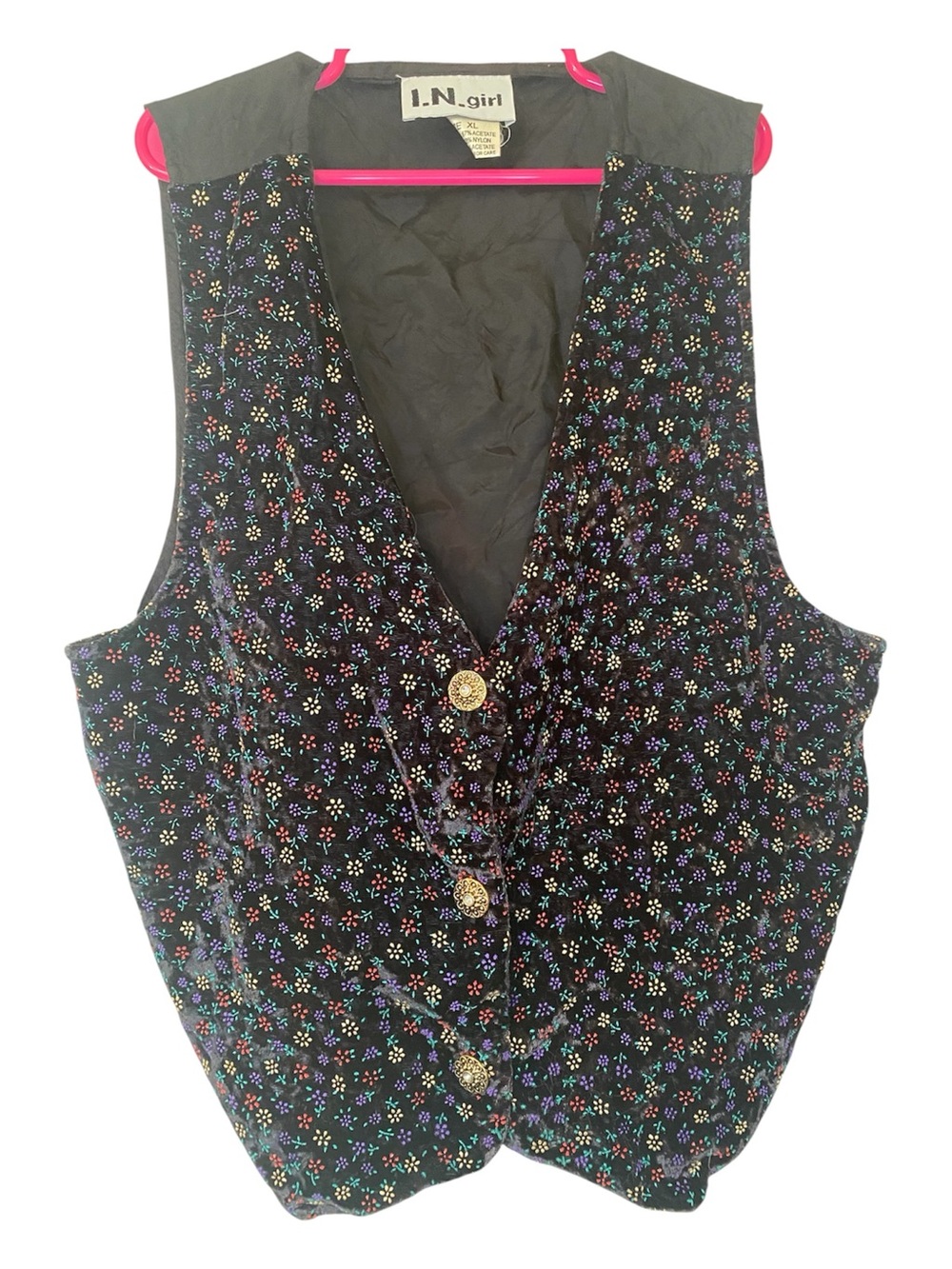 I.N. Girl Black Floral Velvet Vest - girls Button-Up Top vintage 90s size XL 16